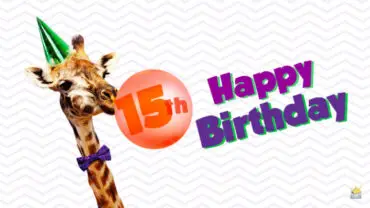 Happy 15th birthday wish on funny image of a giraffe.