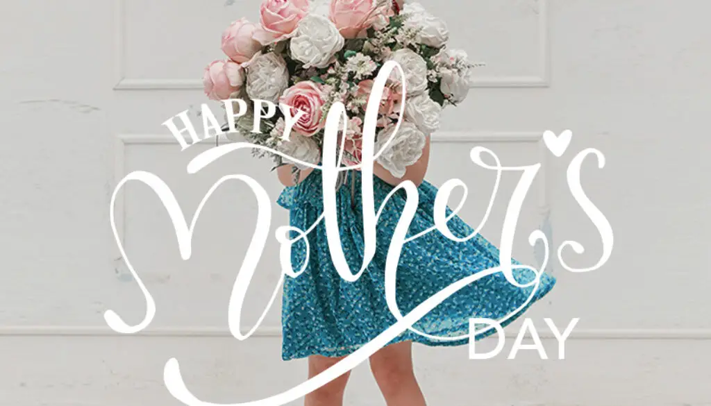 Happy Mother's Day image with girl holding flowers.