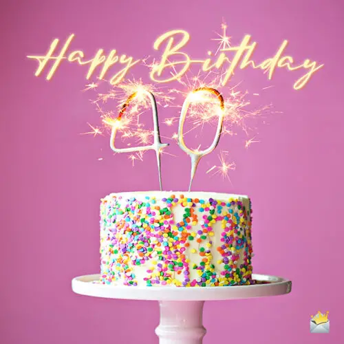 Happy 40th birthday wish on image of birthday cake with sparkling candles.